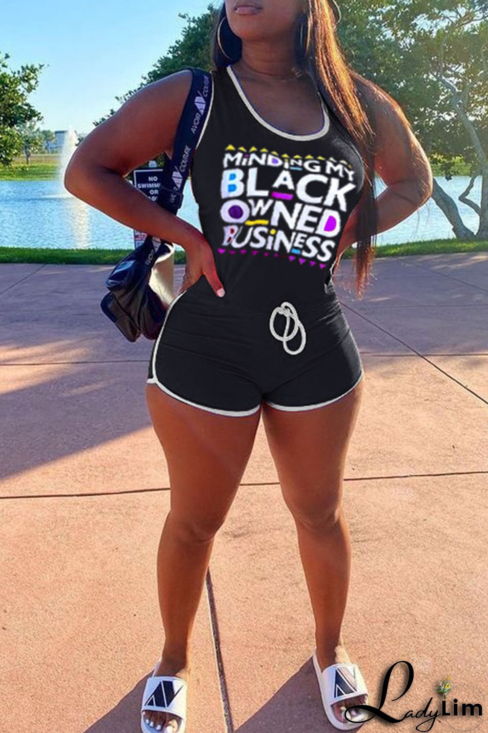 Black Casual Print Split Joint U Neck Straight Jumpsuits