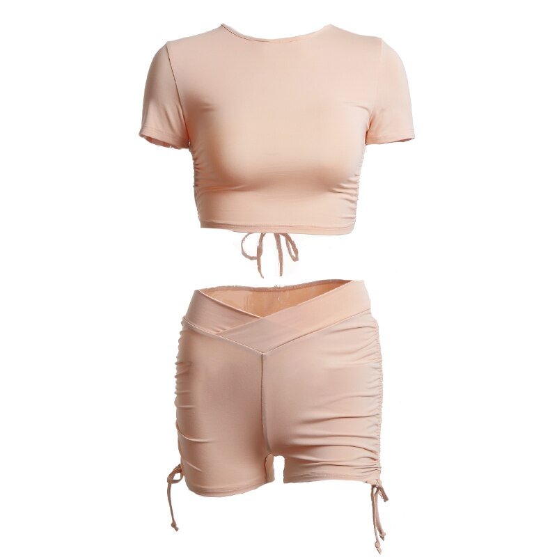 OrangeA Tracksuit Women Backless Bandage Short Sleeve Crop Top Ruched Biker Shorts Set Two Piece Outfit Sporty Casual Streetwear