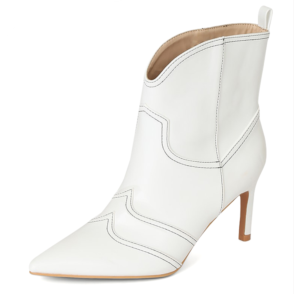 White Pointed Toe Stiletto Heel Stitching Ankle Boots with Pull Tab Nicepairs