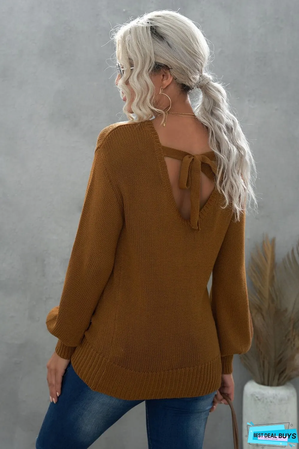 Tied Balloon Sleeve Round Neck Sweater