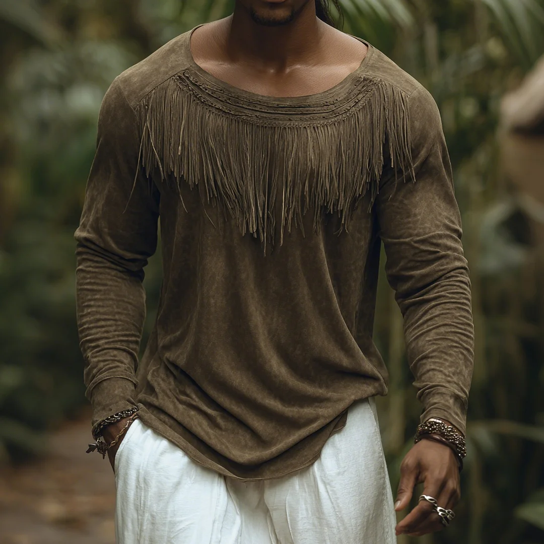 Men's Loose-fitting Pure Cotton Low-cut Long-sleeved T-shirt Jungle Holiday Casual Top With Tassel Decoration-inspireuse