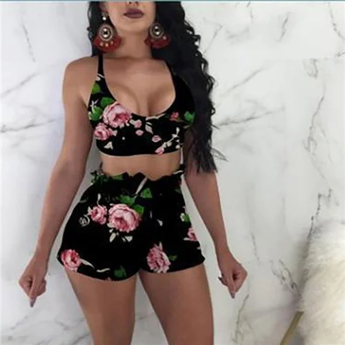 Mongw Women Summer Two Piece Set Floral Sleeveless Crop Top Shorts Outfits Summer Casual Female Set Beach Club Clothes