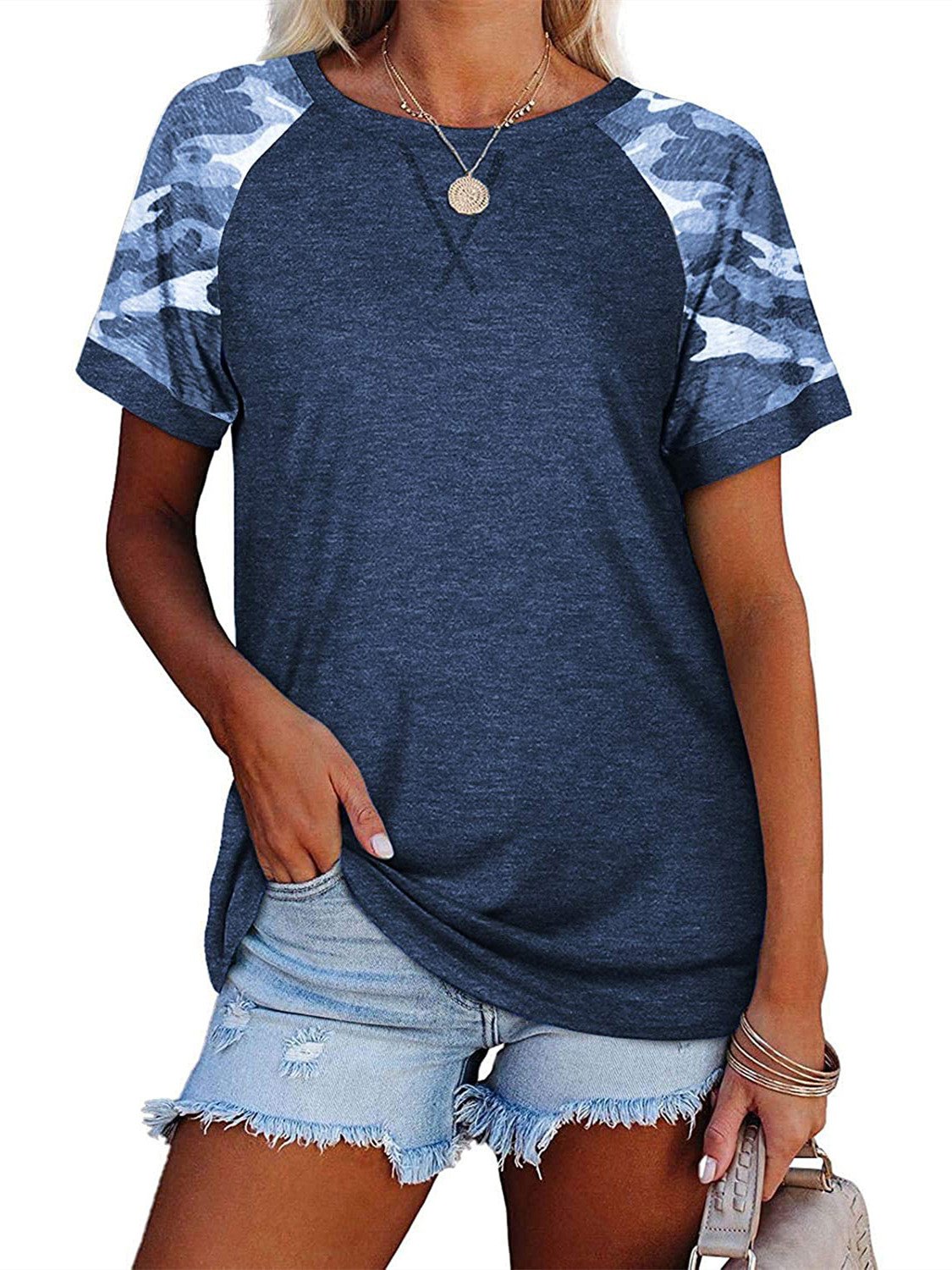 Women Short Sleeve Scoop Neck Graphic Stitching Top