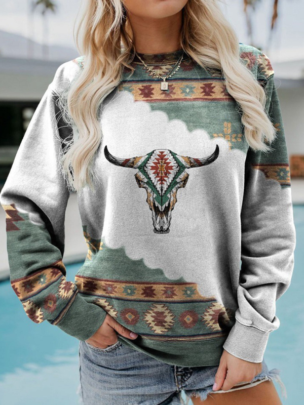 Mature Women Long Sleeve Crewneck Western Print Sweatshirt
