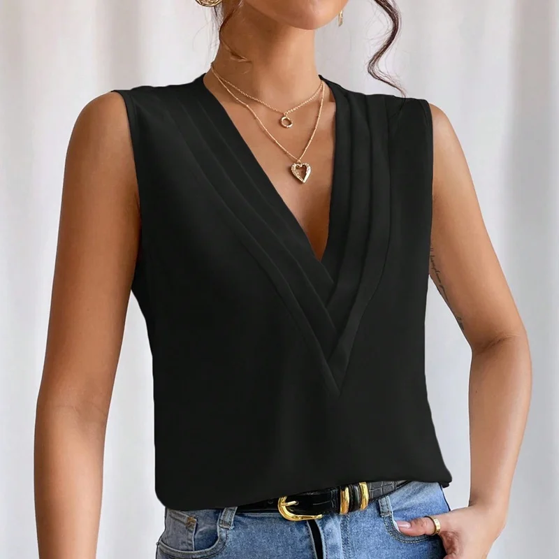 Women's Elegant Design Solid Color V-Neck Casual Sleeveless Blouses Office Exquisite Outfit