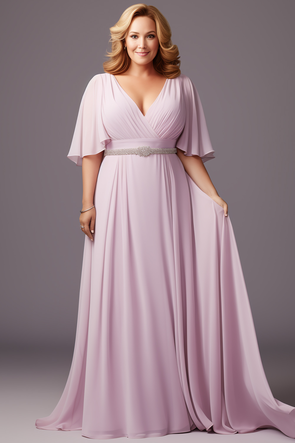 Flycurvy Plus Size Mother Of The Bride Pink Chiffon Wrap Flutter Sleeve Empire Waist Maxi Dress 2024 - Flycurvy 
