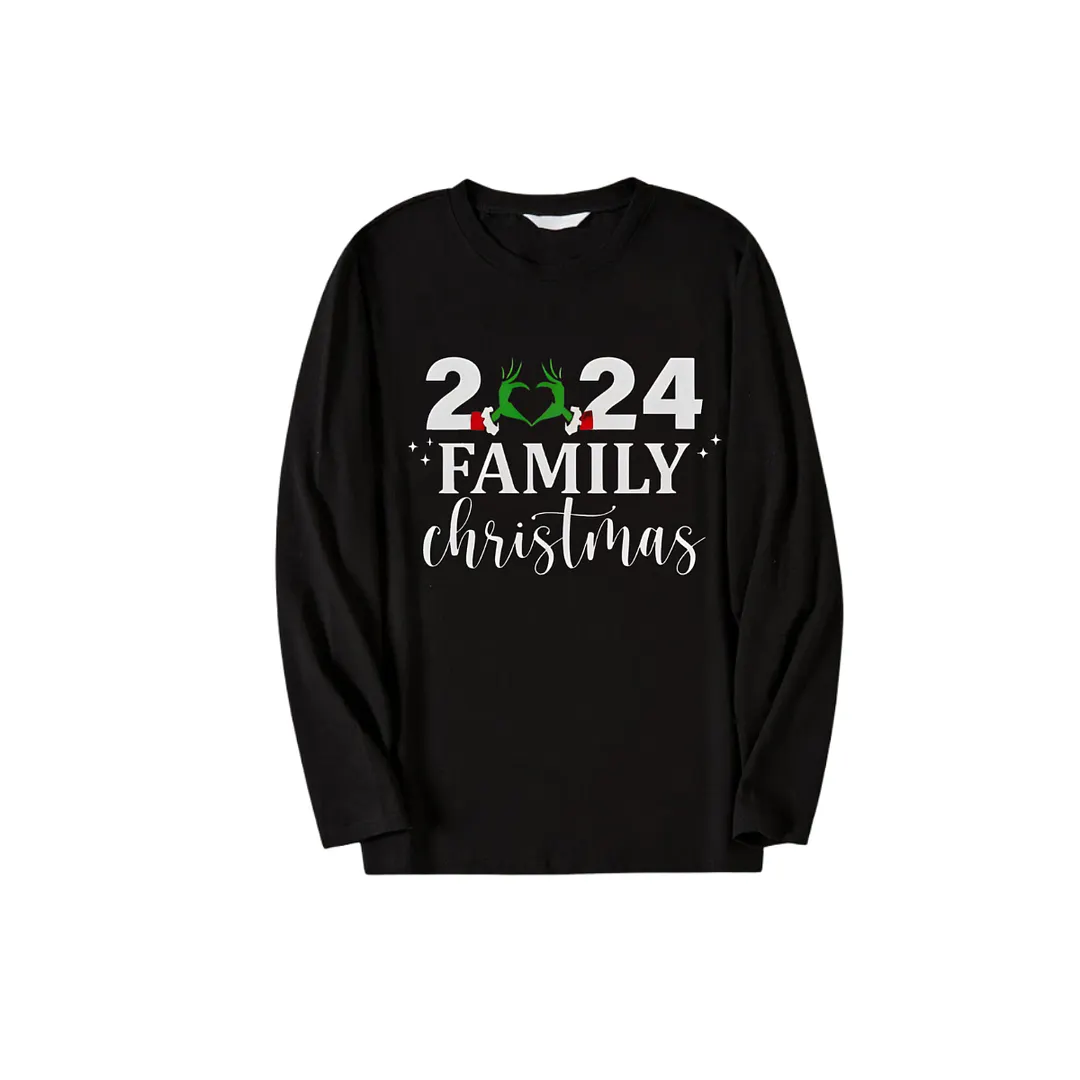 "2024 Family Christmas" Letter And Heart Pattern Black Long Sleeve Top