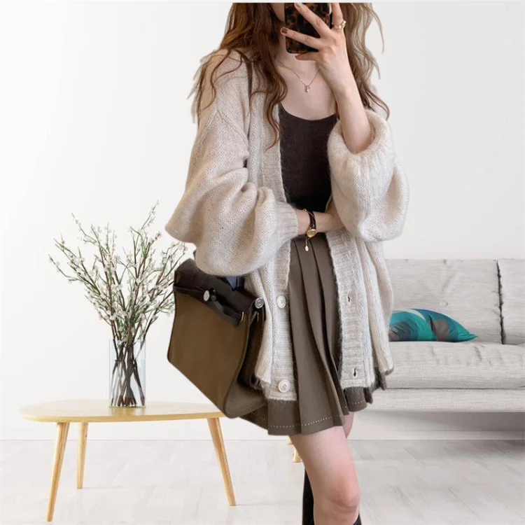 Churchf Churchf Korean Version Of Knit Loose Cardigan Female Spring And Autumn Pure Color Long-Sleeved Coat Large Size Soft Waxy Single Breasted Black Sweater