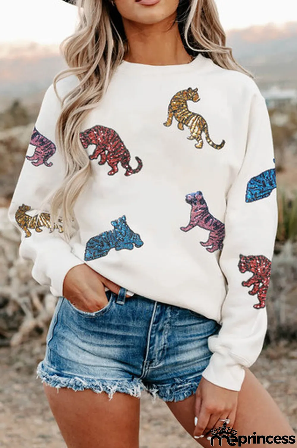 Beige Sequined Tiegers Casual Round Neck Sweatshirt