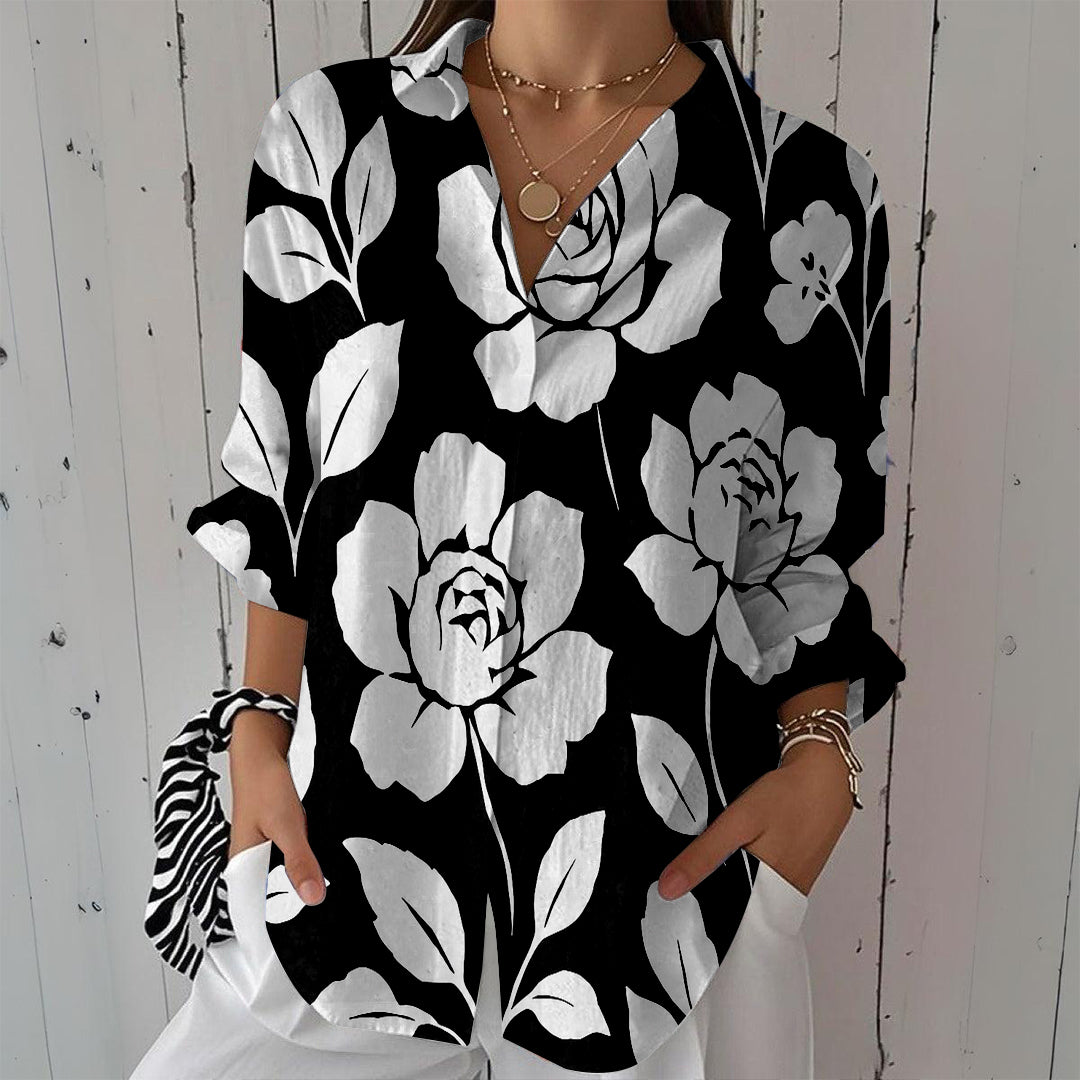 Women Long Sleeve V-neck Graphic Floral Printed Top