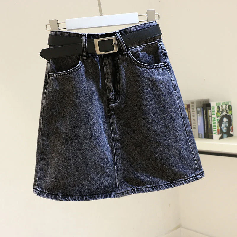 Ailegogo 2021 New Spring Summer Women Blue Denim Skirt Casual Female High Waist A-line Mini Jeans Black Skirts with Belt