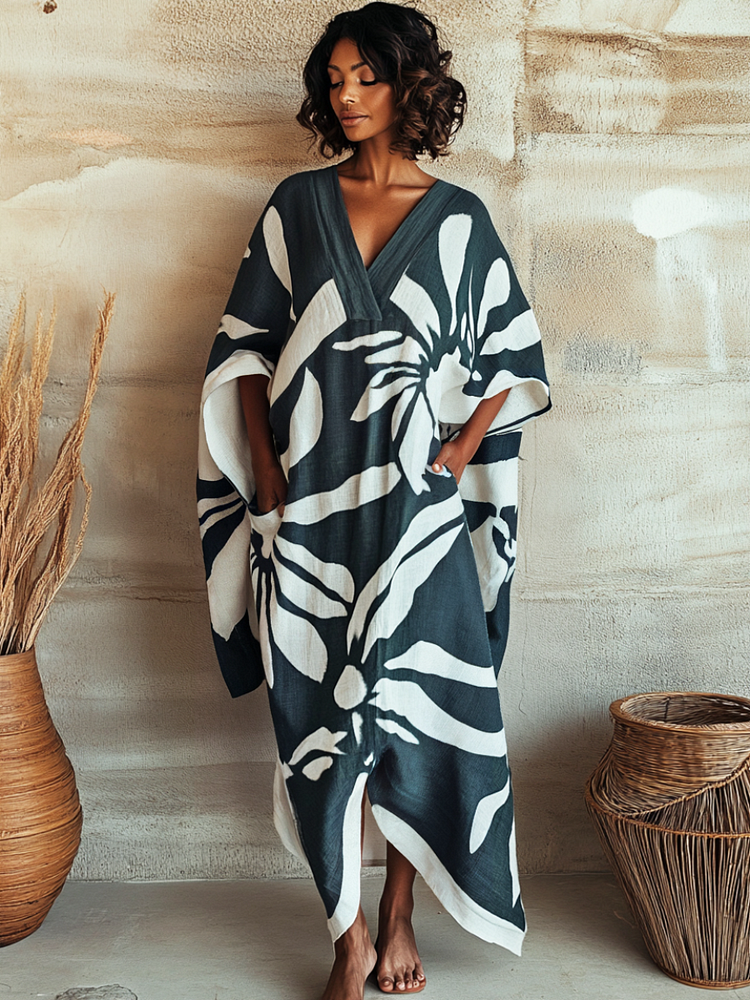Delft Dream Linen V-neck Long Kaftan