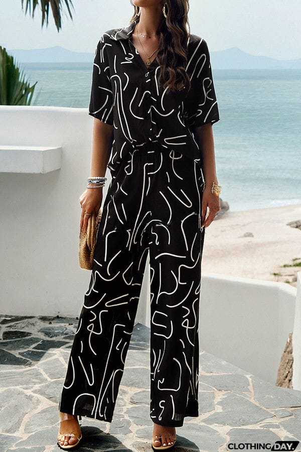 Fun Printed Button Pocket Long Sleeve Shirt and Elastic Waist Pants Set