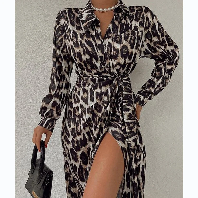 Elegant Fashion Leopard Print Lace-up Full Sleeve Casual Slit Lace-up Midi Dress