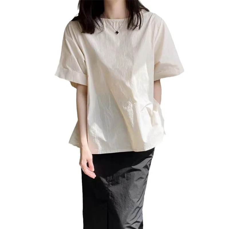 Uveng Uveng And South Korea 2024 Summer New Short-Sleeved Collar Loose T-Shirt Women's Solid Color Jacket Comfortable Simple Shirt