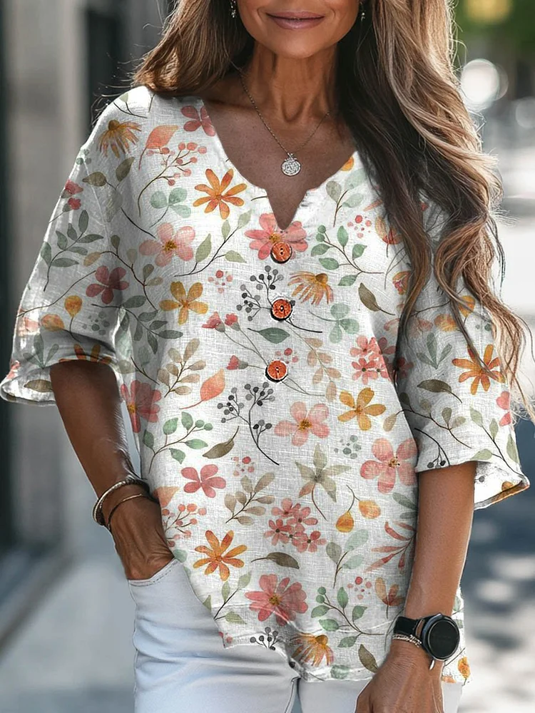 Women's Vintage Lovely Floral Art Print Casual Cotton Linen V-neck Shirt