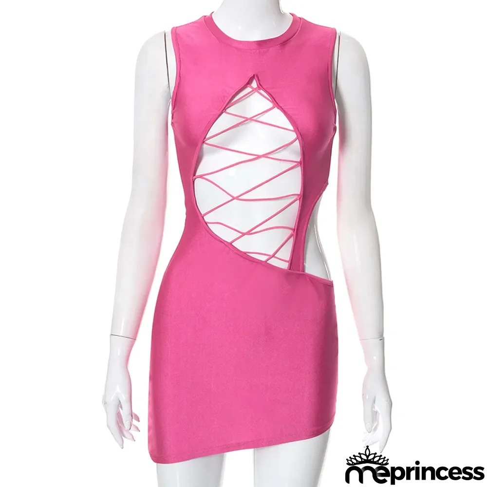 Summer Solid Sleeveless Hollow Out Bandage Bodycon Mini Dress