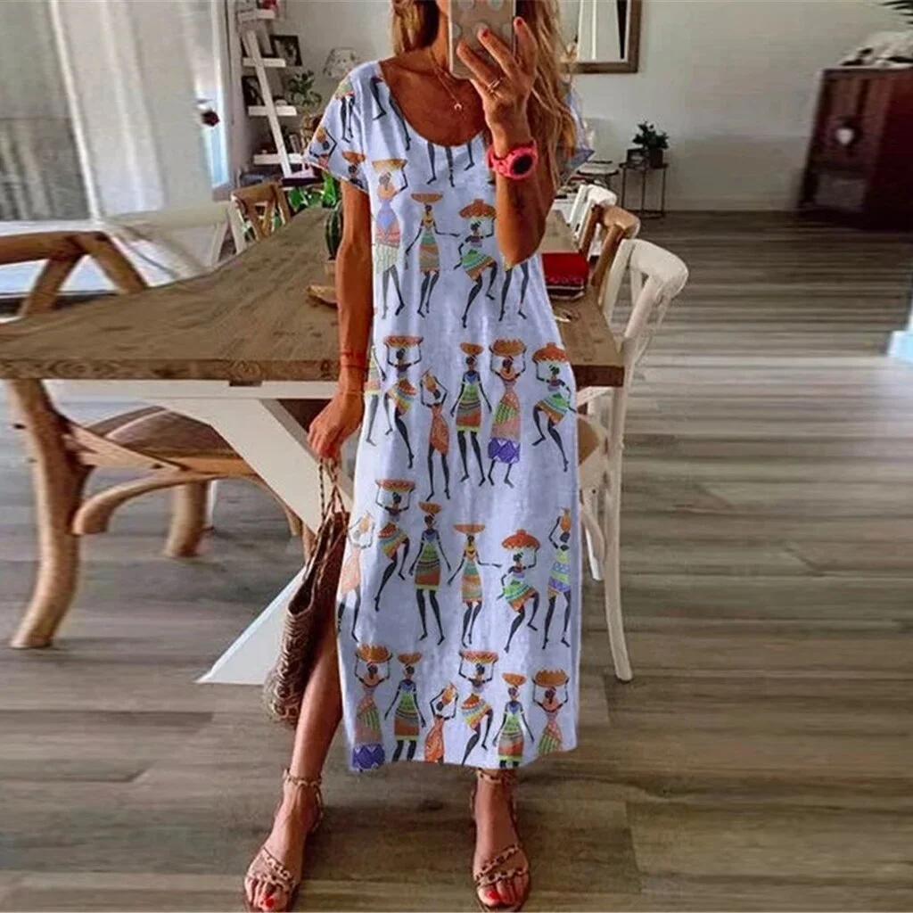 New Summer Long Dress Women Casual Patchwork Bohemian Print Short Sleeves Dresses For Women V Neck Plus Size Dress Women 2022