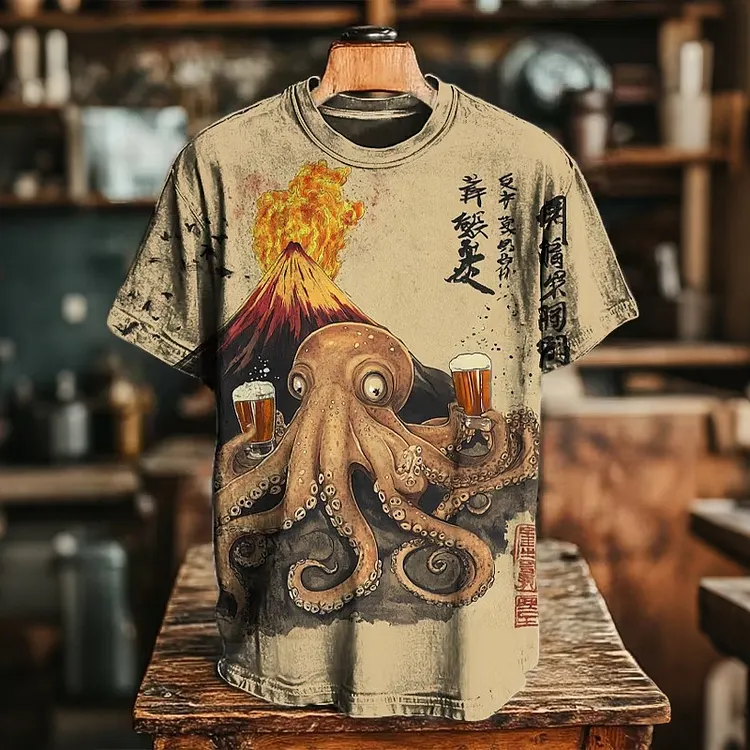 Men's Drunk Octopus Calligraphy Art Print Casual T-shirt