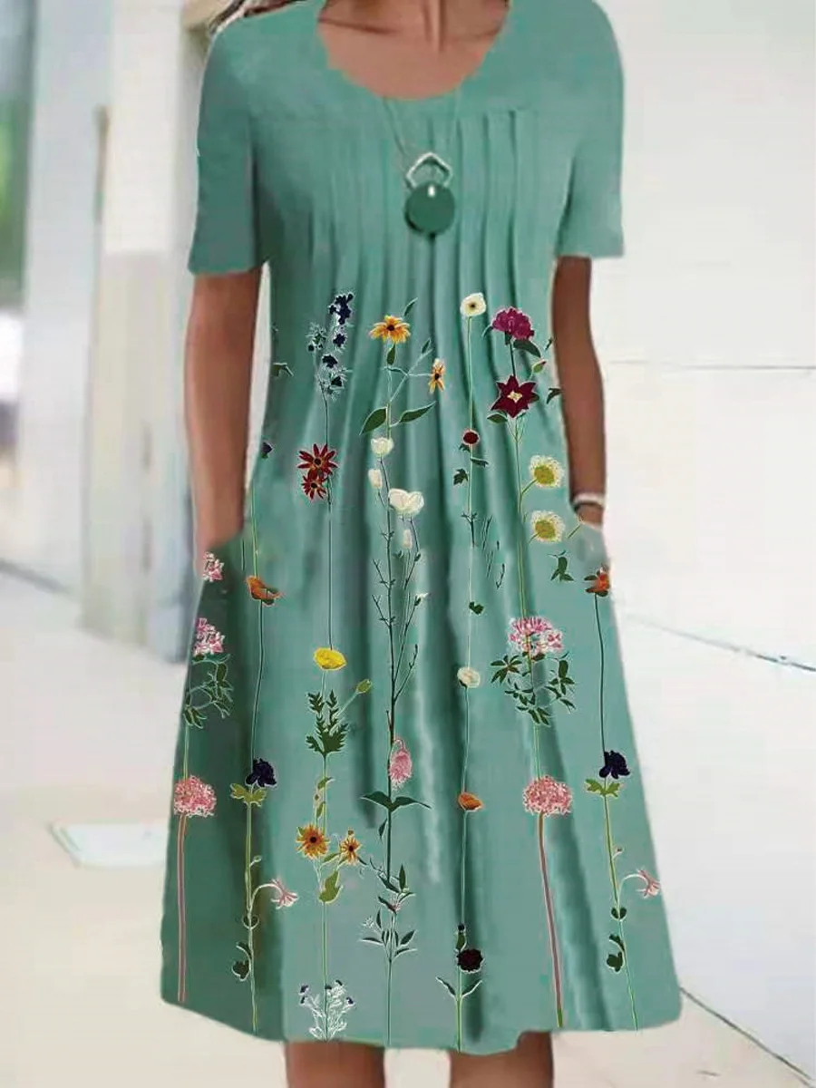 Casual Crew Neck Floral Print Short Sleeve Midi Dress