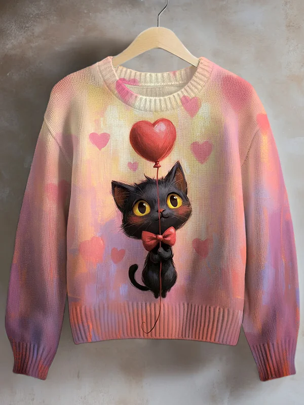 Women's Valentine's Day Black Cat Art Print Knit Sweatshirt