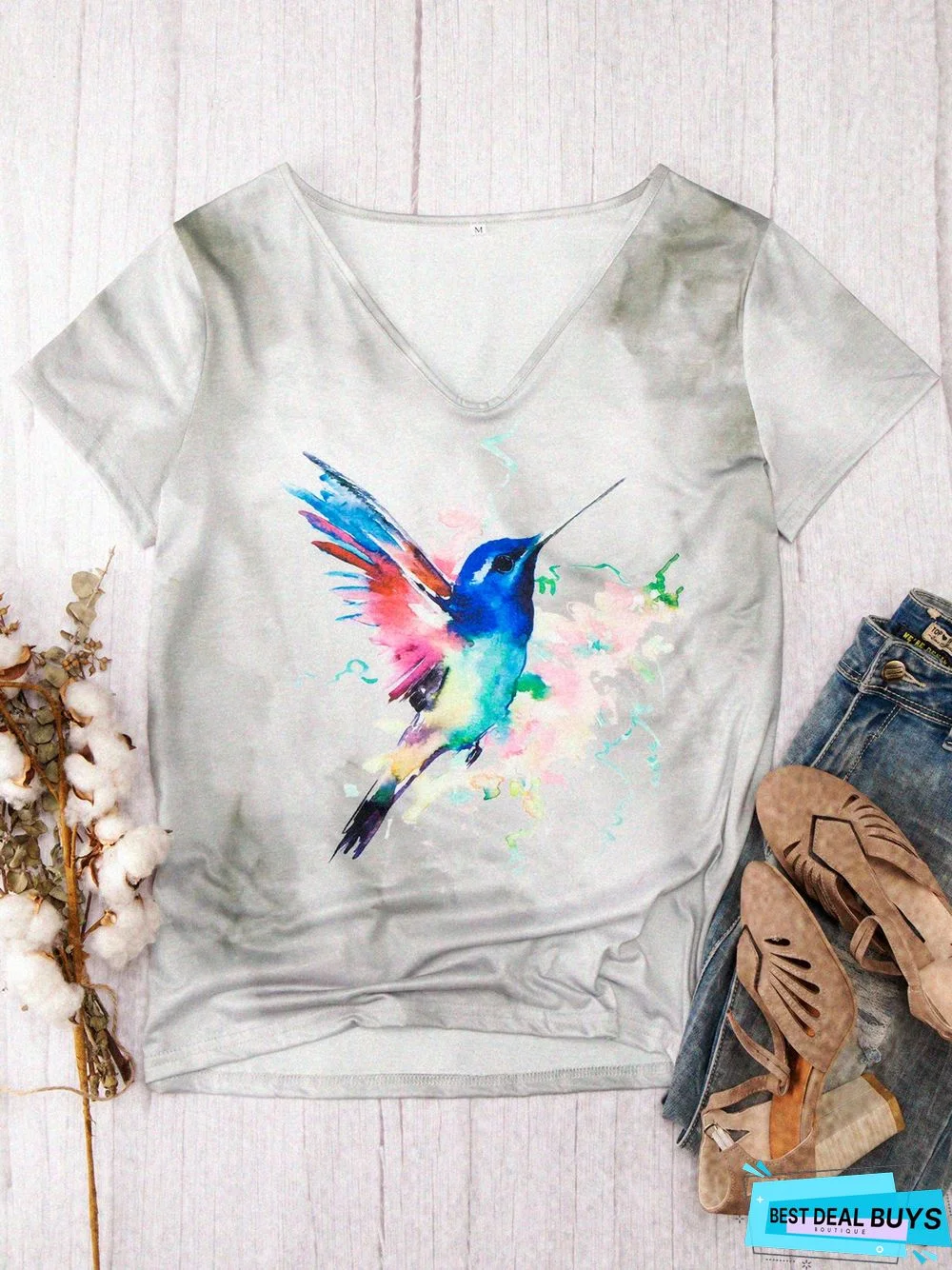 Bird Print V Neck Cotton-Blend Short Sleeve T-Shirts