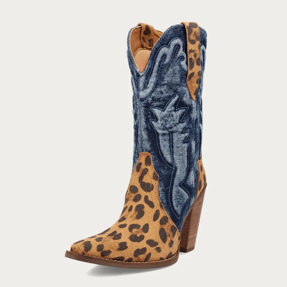 Multicolor Pointed Toe Patchwork Leopard Print Western Boots for Women