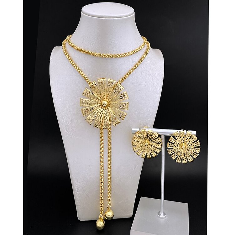 Dubai Fashion Jewelry Set For Women Long Chain Necklace Round Earrings Set