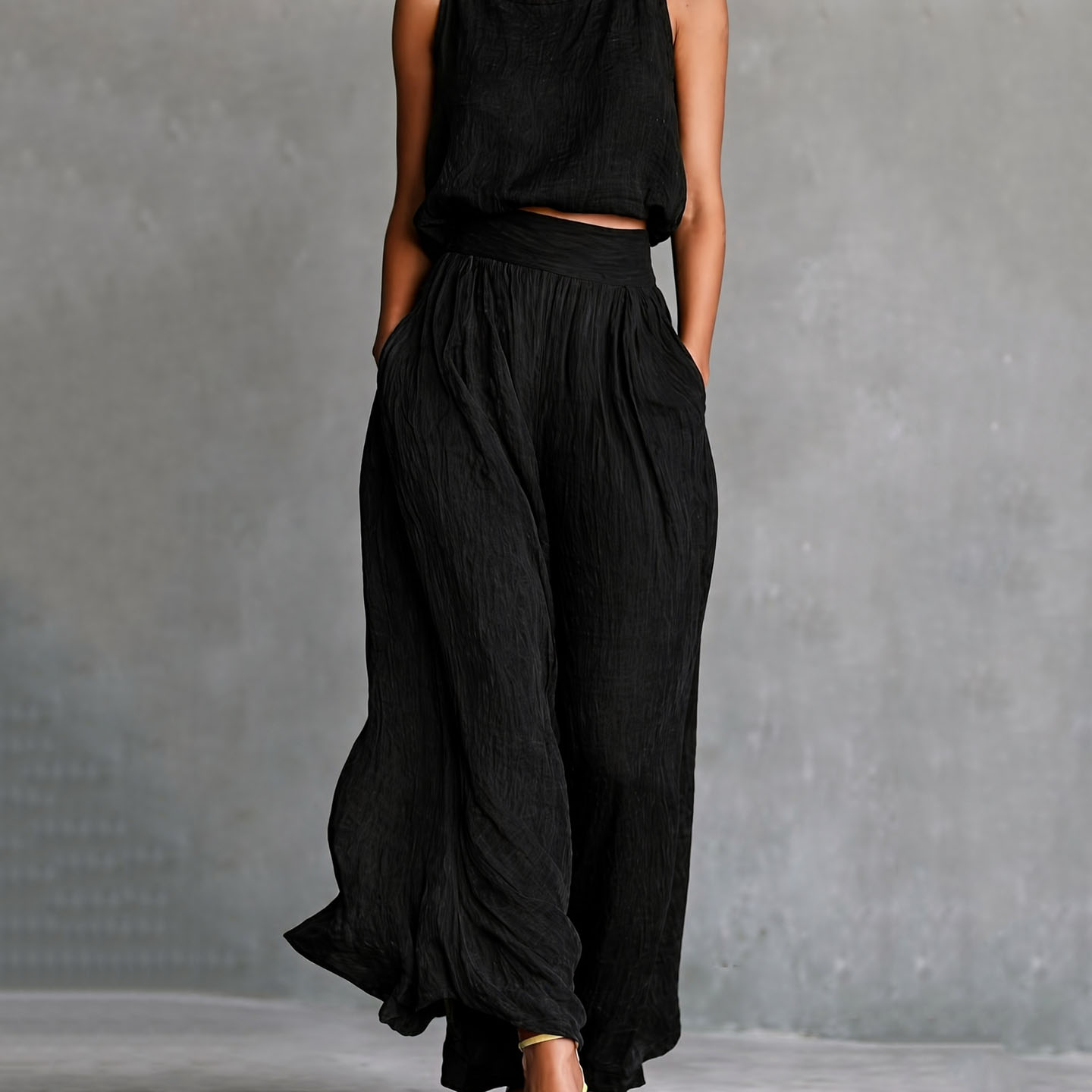Casual Sleeveless Loose Round Neck Top Wide Leg Pants Two-piece Set elevenforest