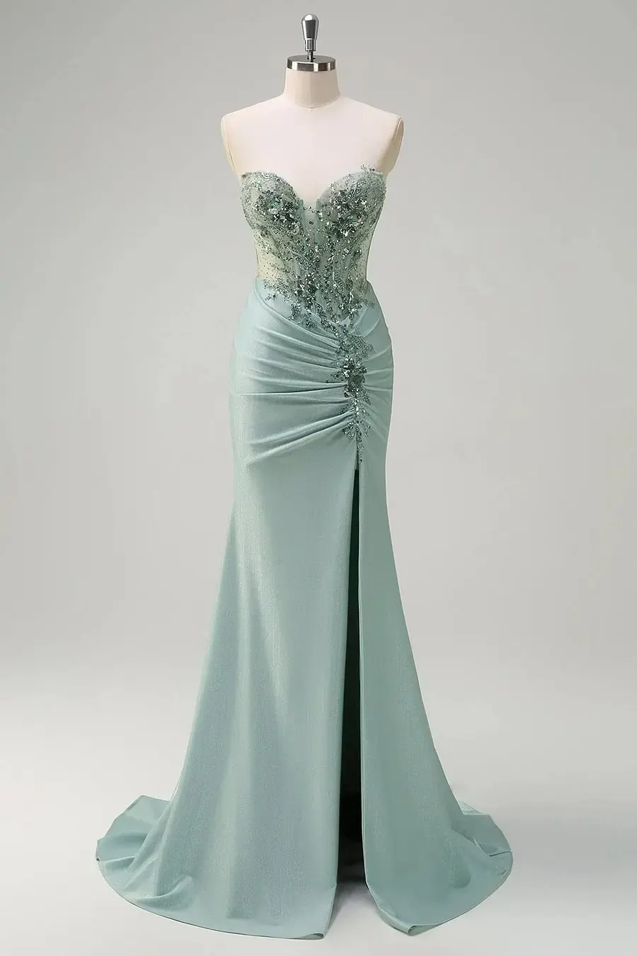 Lussooy Stunning Mint Green Satin Sweetheart Sequins Pleated Sleeveless Split Prom Dress 