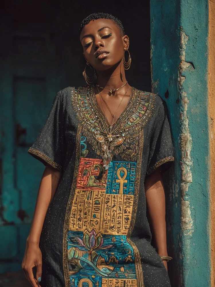 Ankh & Blue Egyptian Lotus Pattern Linen Midi Dress