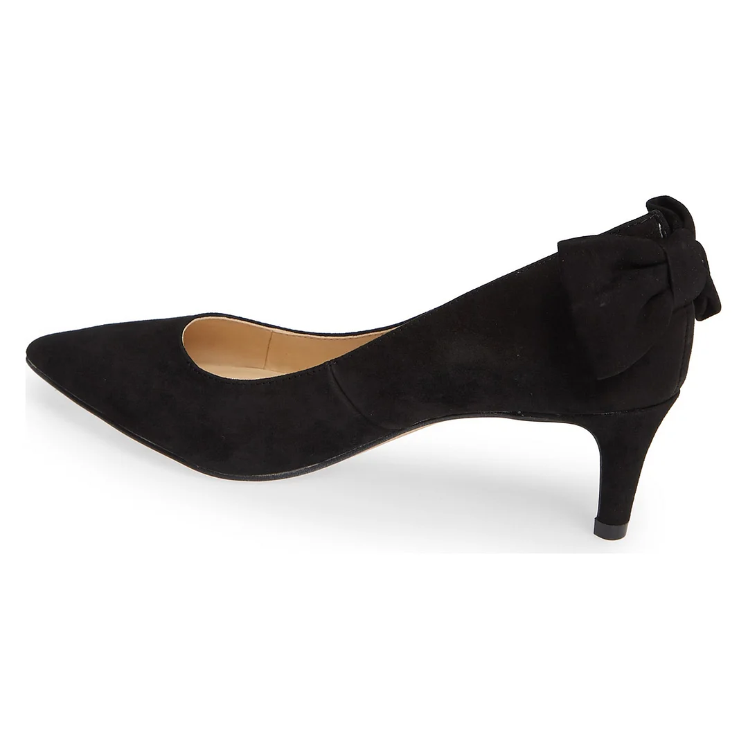 Black Vegan Suede Pointed Toe Slip On Kitten Heel Pumps with Bow