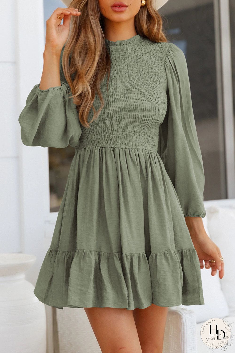 Fashion Solid Flounce O Neck Long Sleeve Dresses(11 Colors)