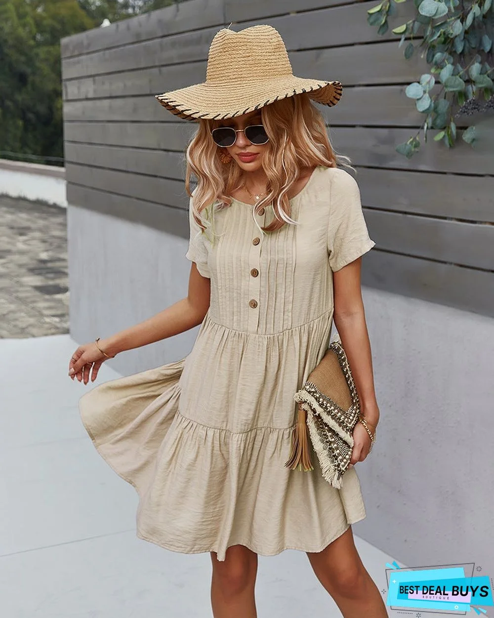 Women's Solid Color Dress Spring and Summer Short Sleeve Cotton Skirt