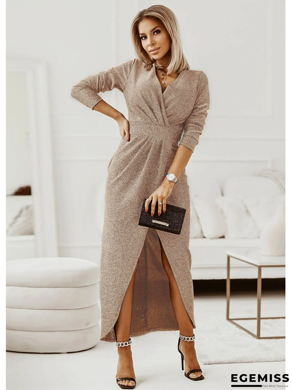 Long Sleeve Sexy V-neck Slit Dress Skirt | EGEMISS