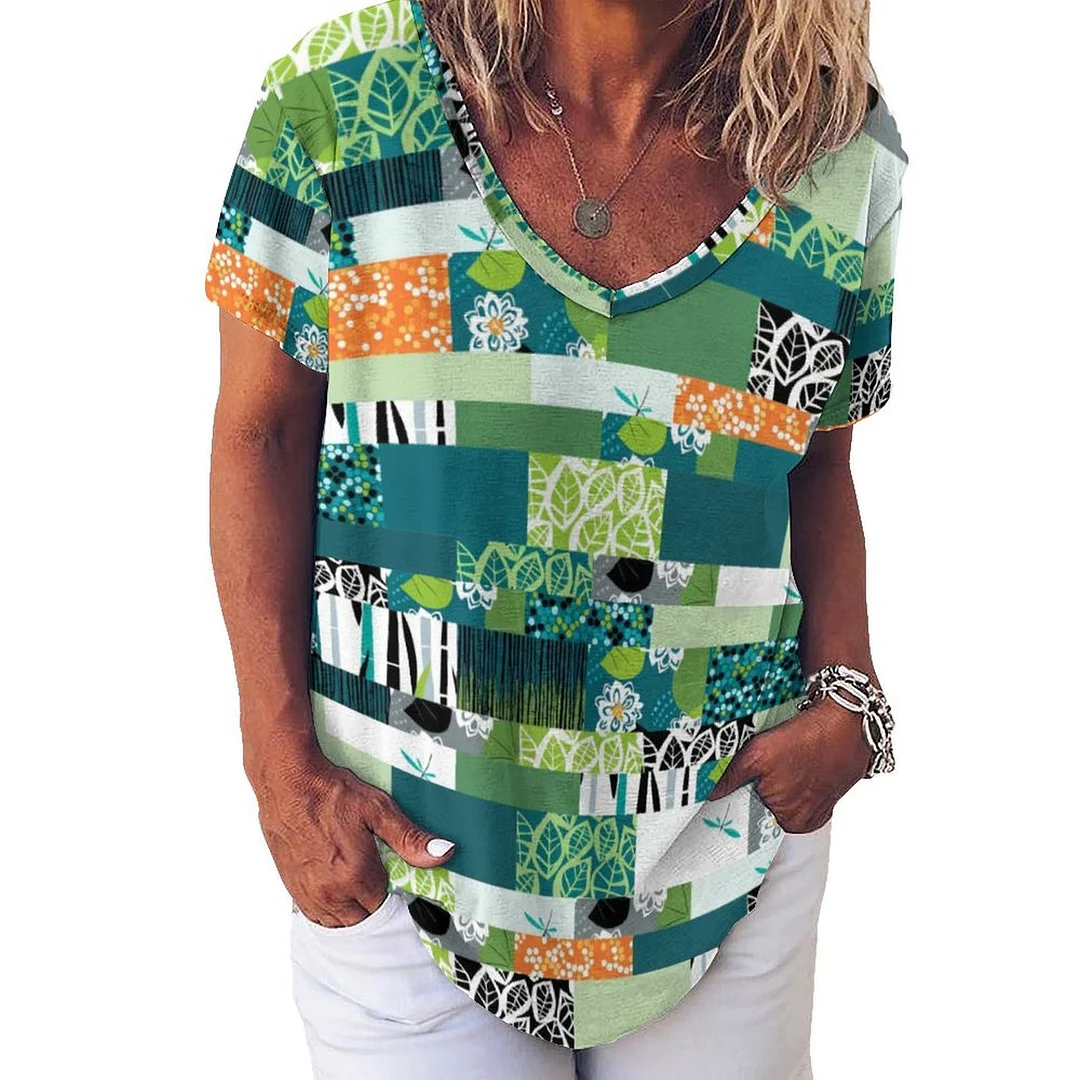 Style & Comfort for Mature Women V-neck Short Sleeve Casual T-shirt for  Women Printed with Pattern Green, Orange, Vintage, Graffiti
