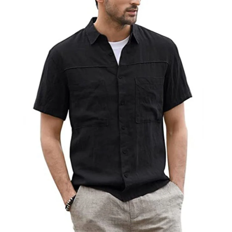 MEN'S SUMMER CASUAL BUTTON-UP SHIRTS COTTON LINEN SHORT SLEEVES TWO POCKETS WIDE COLLAR WORK SHIRTS