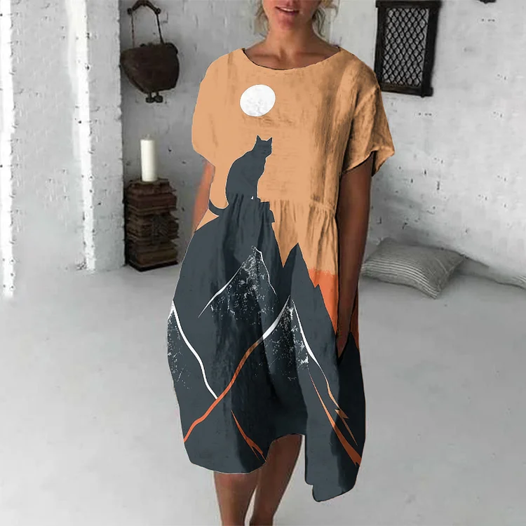 Abstract Creative Cat Chasing The Sun Pattern Drawing Print Art Midi Dress