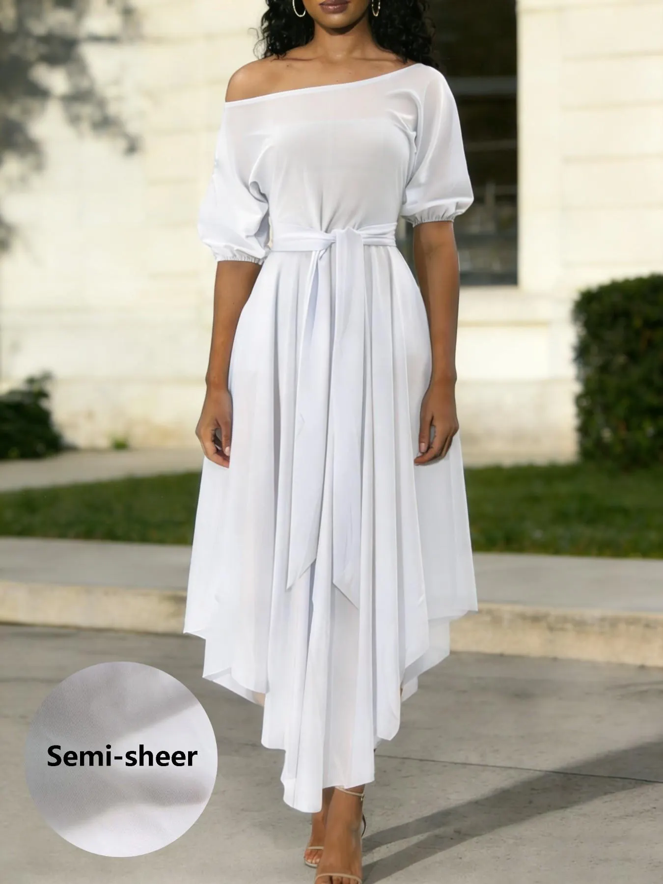 Women's Plain Belted Split Boat Neck Dress, Elegant Bishop Sleeve A Line Dress for Summer, Summer Outfits 2024, Fashion Women's Dress for Casual Daily Wear, Womenswear Women's Plain Belted Split Boat Neck Dress, Elegant Bishop Sleeve A Line Dress for Summer, Summer Outfits 2024, Fashion Women's Dress for Casual Daily Wear, Womenswear