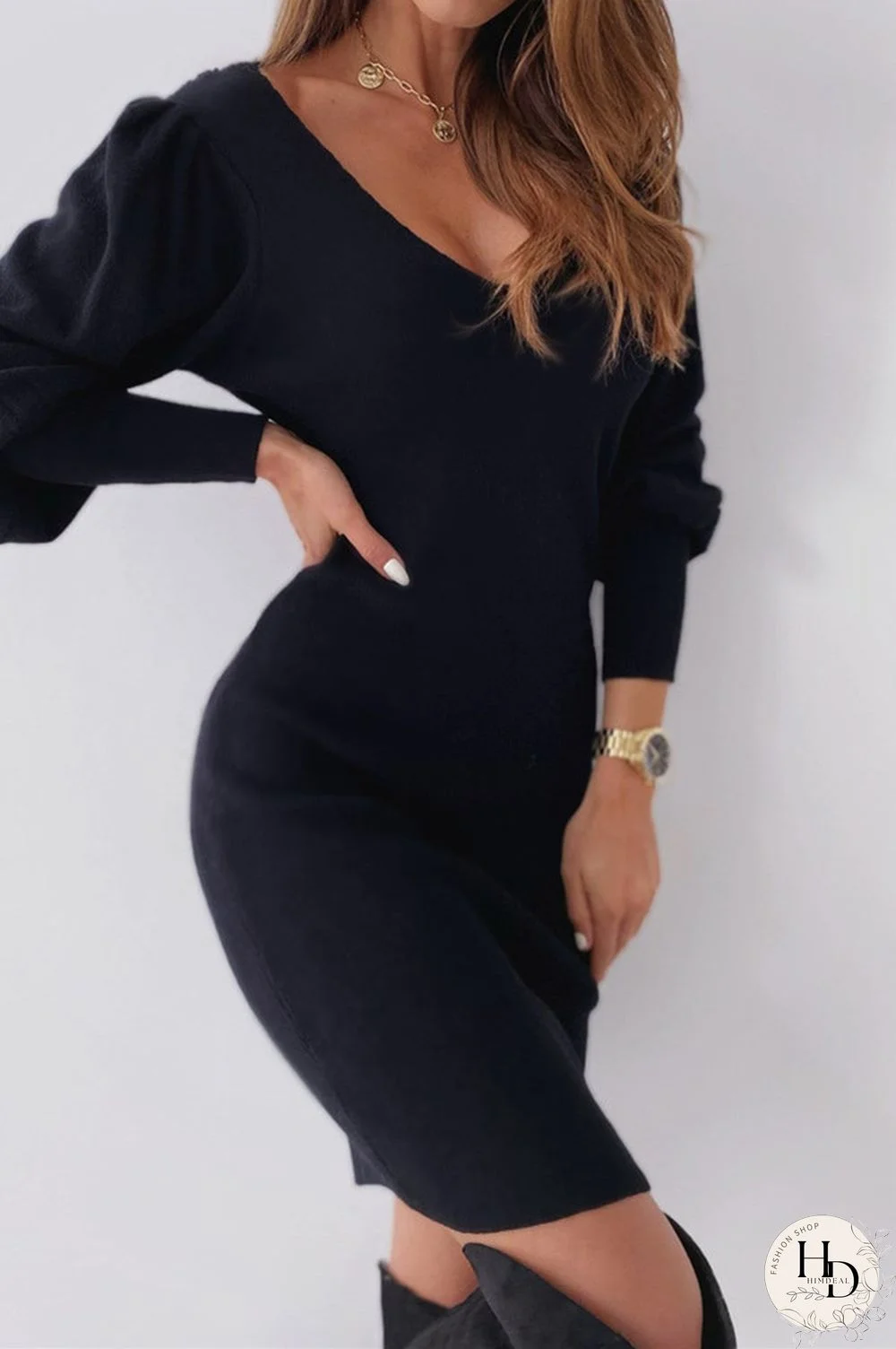 Black Fashion Sexy Solid Backless V Neck Long Sleeve Dress