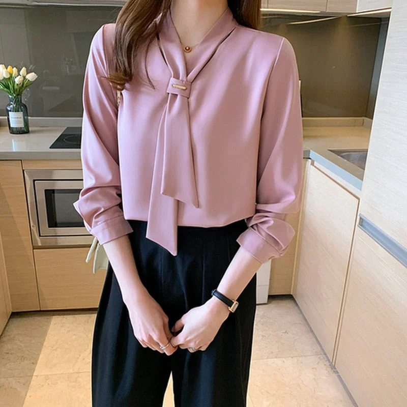 2021 Office Long Sleeve White Woman Shirt Korean Chiffon Women Blouse with Tie Fashion Tops V Neck Loose Female Clothing 13022