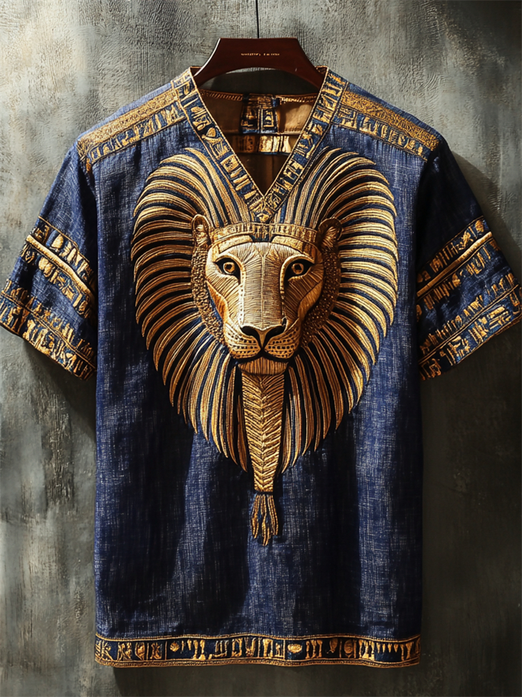 Ancient Egyptian Gold Lion Embroidered Art Linen Shirt