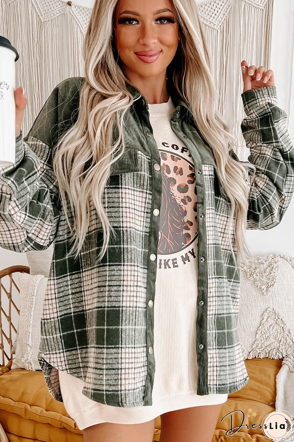 Green Plaid Corduroy Jacket with Pockets