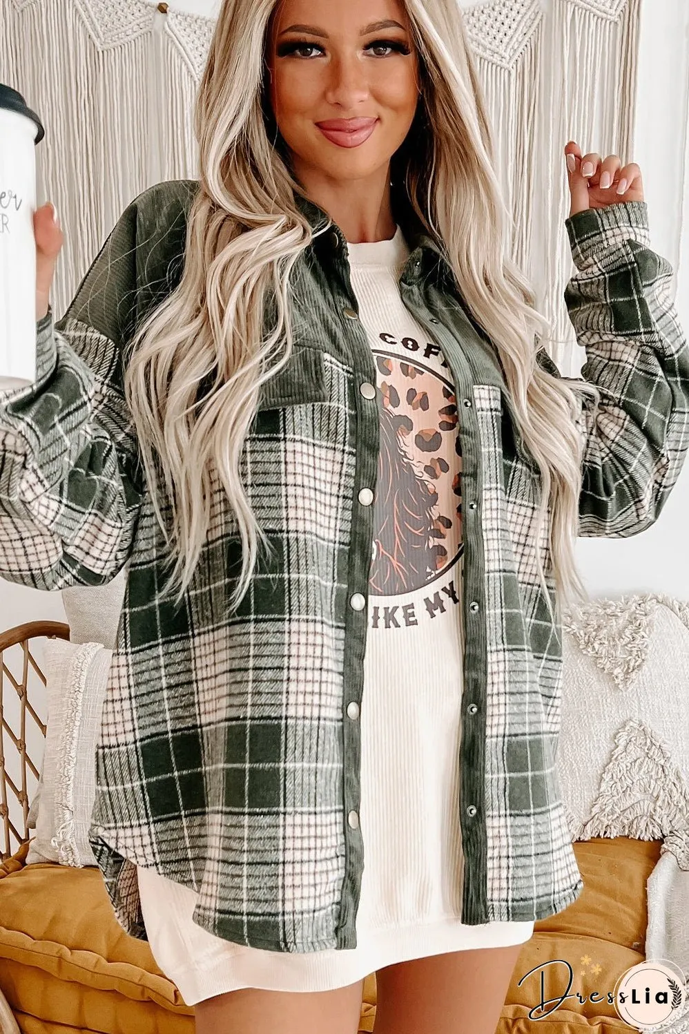 Green Plaid Corduroy Jacket with Pockets