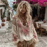 Women's Vintage Pink Floral Art Pattern V-neck Long Sleeve Blouse - Image 2