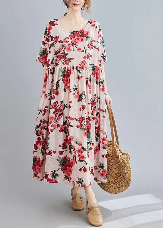 Boho Pink  Floral  O-Neck Patchwork Summer Half Sleeve Dresses