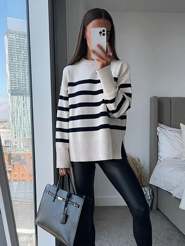 Forefair 2021 Autumn Winter Knitted Oversized O Neck Long Sleeve Pullover Women Sweater Casual Patchwork Striped Women's Sweater