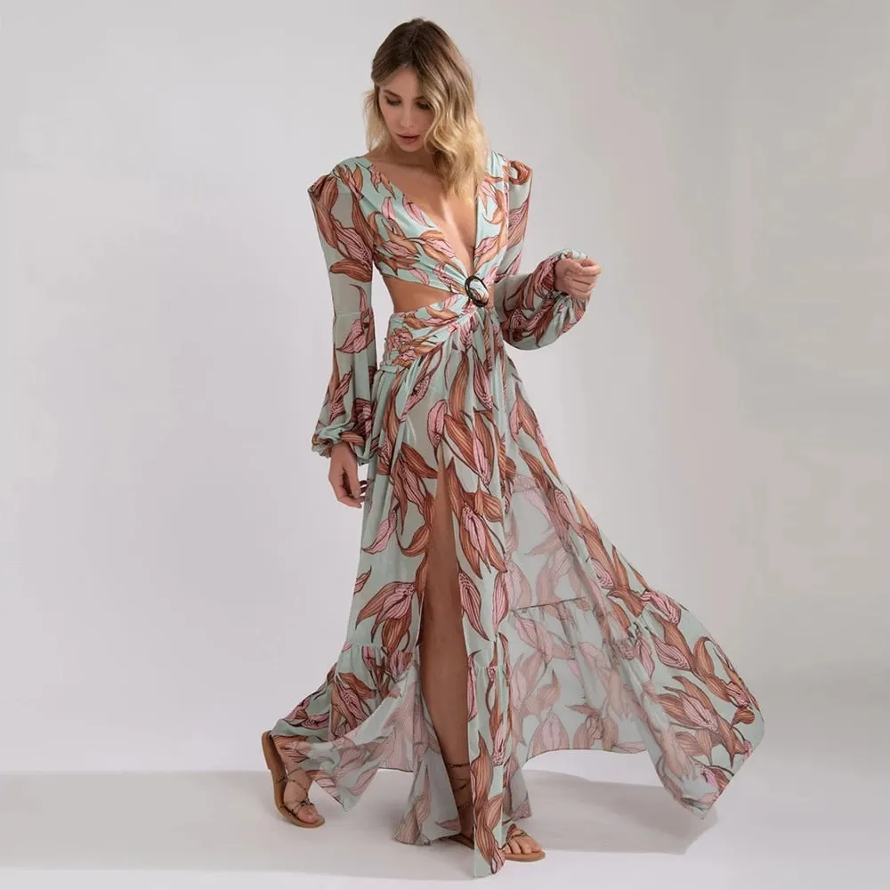 2021 Beach Dress Summer Floral Swimsuit Print Belt Bathing Suit Women Long Cover Up Off Shoulder Beachwear Bandeau Halt Swimsuit