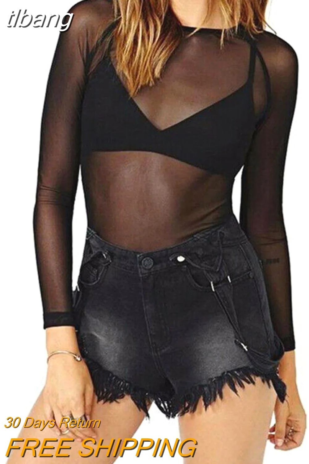 tlbang Women Blouse Shirt Sexy See Through Transparent Mesh Long Sleeve Bodycon Tops Casual Blouse Shirt Black Tee Shirts Woman Clothes