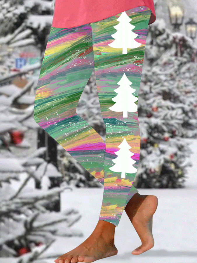 Women's Oil Painting   Christmas TreePrint Leggings